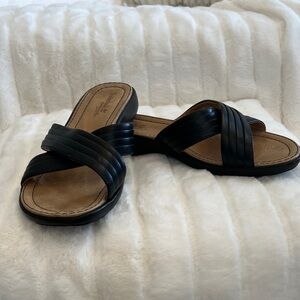 Timberland Black Leather Crossband Slide Sandals